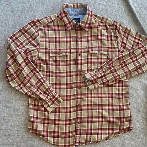 Marmot Tan Brown Orange Button Up Flannel Plaid Shirt sz Large